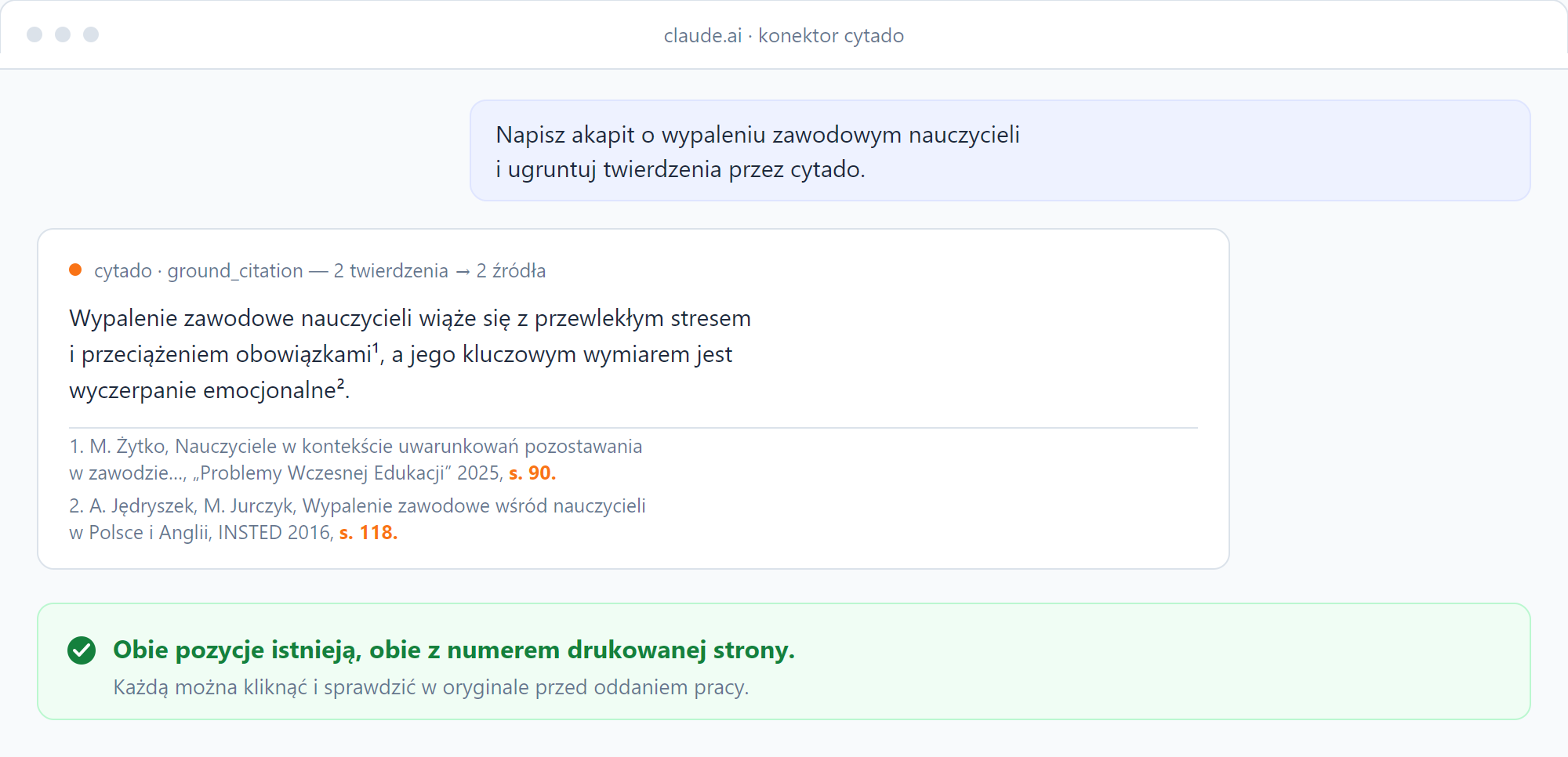 Ta sama prośba z podłączonym konektorem cytado: akapit z dwoma przypisami do istniejących publikacji, z numerami drukowanych stron