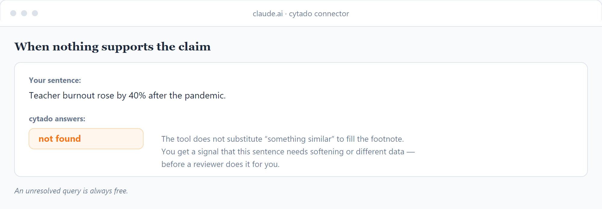 The cytado panel returns “not found” for a sentence nothing supports