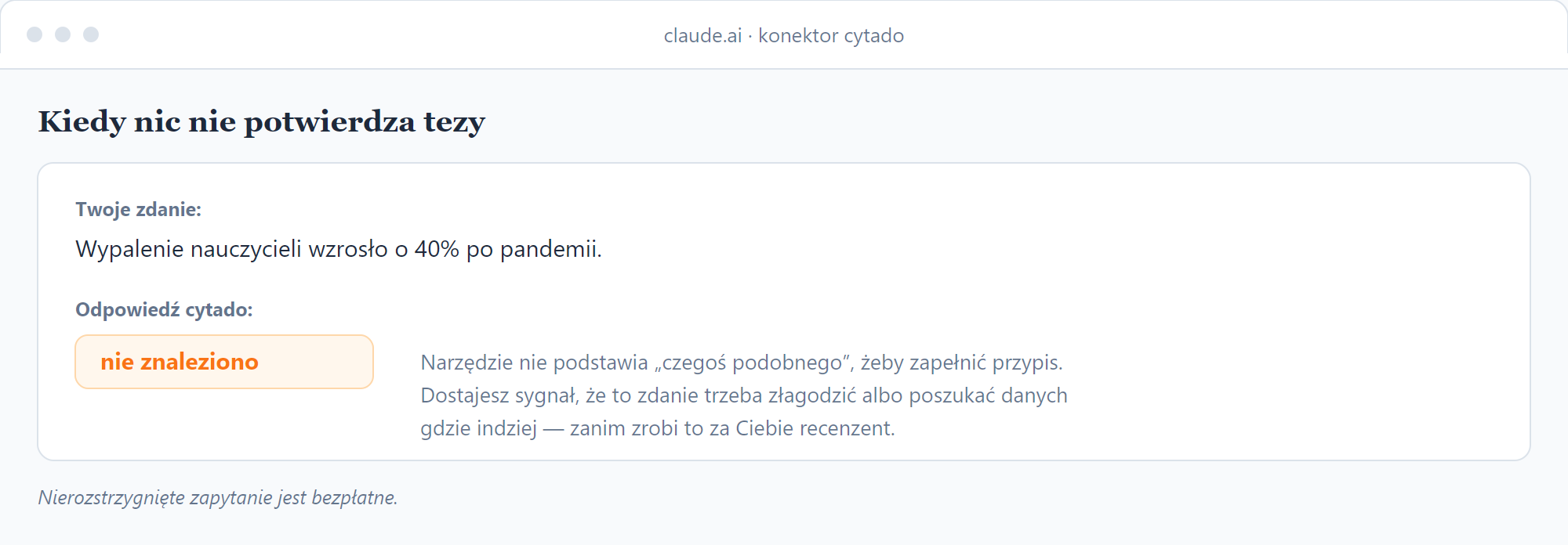 Panel cytado zwraca odpowiedź „nie znaleziono” dla zdania, którego nic nie potwierdza