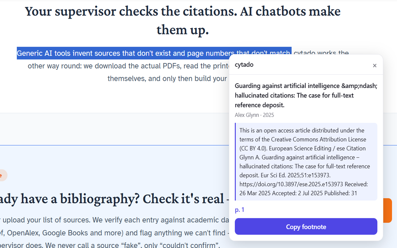 Real screenshot from the Chrome Web Store listing: the cytado panel with a verified citation (Alex Glynn, 2025, p. 1)